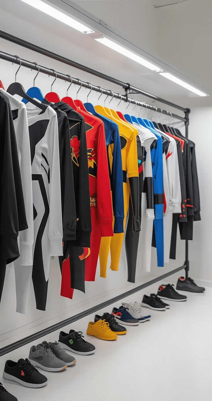 A minimalist cosplay storage solution featuring a sleek metal garment rack with color-coded costume hangers, each adorned with stenciled logos in themed color gradients. The setup is presented against a soft white background with subtle grid lines, enhanced by overhead lighting casting crisp shadows, showcasing an organized and precise arrangement in geometric progression.