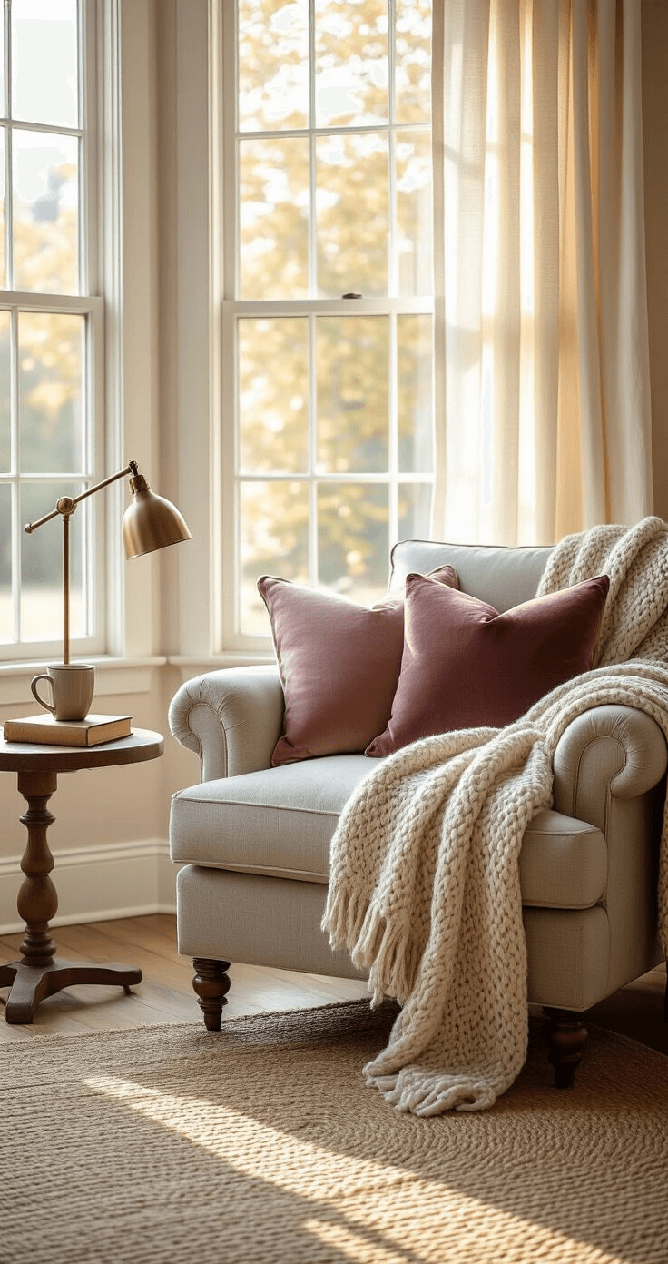 Intimate reading nook with a large taupe armchair, sheer curtains, chunky sage blanket, velvet cushions, reclaimed wood side table with a mug and book, jute rug, bathed in warm afternoon light.