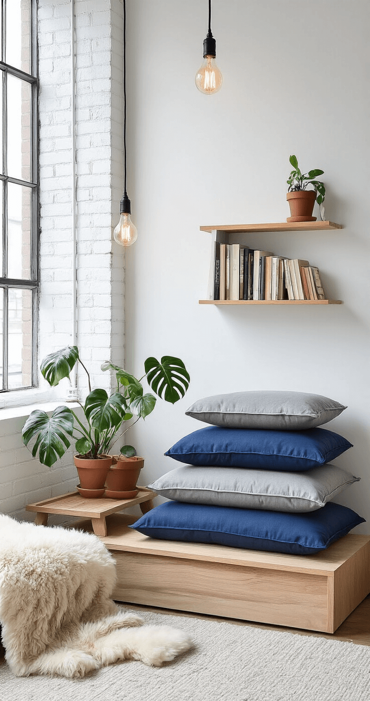 Minimalist reading corner in a compact studio apartment with dove gray and indigo blue Japanese-inspired floor cushions against a white brick wall, a wooden side table, warm Edison bulb lamp, a potted monstera plant, a sheepskin throw, and floating geometric shelves with books, all illuminated by natural light from an industrial-style window.
