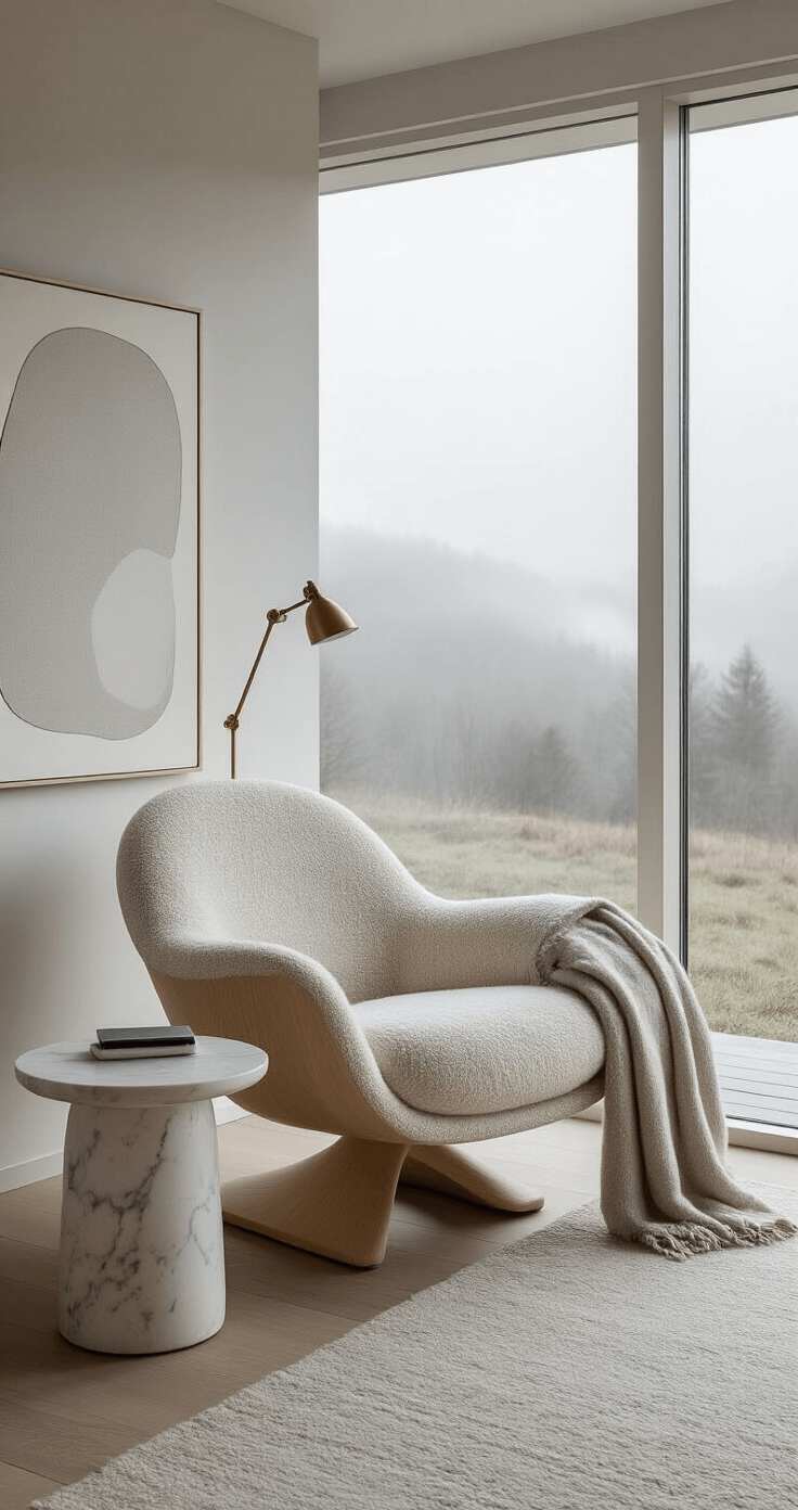 Modern Scandinavian reading corner featuring a sculptural curved chair in pale ash wood and cream bouclé fabric, with floor-to-ceiling windows overlooking a misty landscape. The space has a muted color palette of whites, soft grays, and pale wood tones, accented by a sleek marble side table with wireless charging and a minimal brass reading lamp. A soft alpaca throw in light heather gray drapes casually across the chair, while large abstract monochromatic artwork adds visual interest, all bathed in soft, diffused winter light for a serene atmosphere.