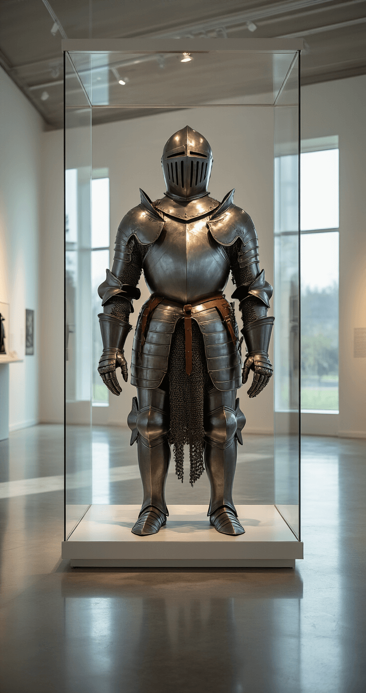 A museum-style display room featuring a full-size medieval knight armor centerpiece, dramatically lit with natural light, polished concrete floors, minimalist white walls, and reflections in a glass display case, all captured from a low-angle perspective that emphasizes the armor’s heroic presence.