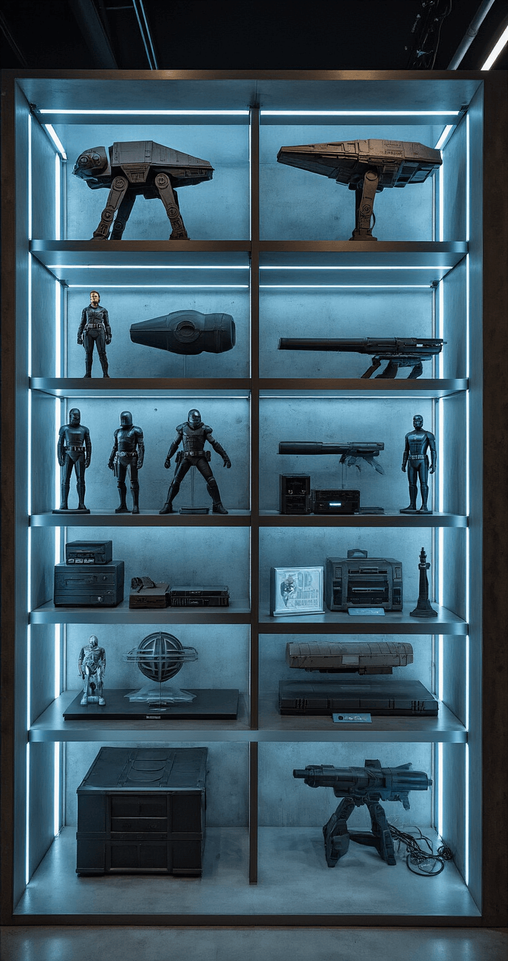 Meticulously arranged sci-fi prop corner featuring large artifacts from Star Wars and Marvel on built-in shelves, illuminated by blue-gray ambient lighting and LED strips, with visible wire management, textured concrete wall, and glass display cases, captured at a 3/4 angle for depth.