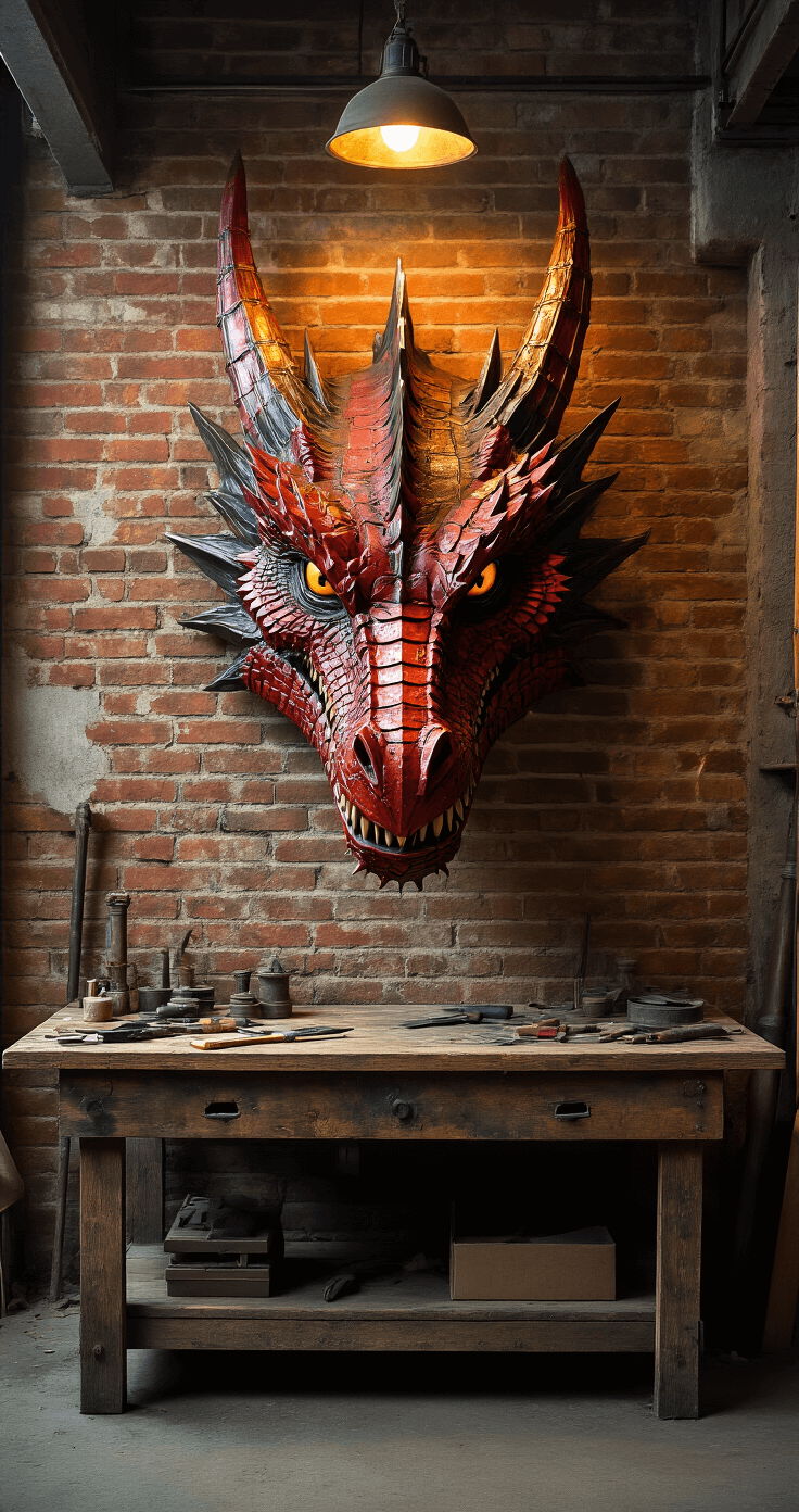 A dramatic fantasy prop workshop featuring a large dragon head mounted on an exposed brick wall, illuminated by warm tungsten lighting. A weathered wooden workbench in the foreground is cluttered with prop-making tools, showcasing textured surfaces and craftsmanship. The dragon head displays multiple layers of metallic paint, with dramatic side lighting enhancing its imposing scale. Ambient dust particles shimmer in the light against a rich color palette of browns, deep reds, and burnished metallics.