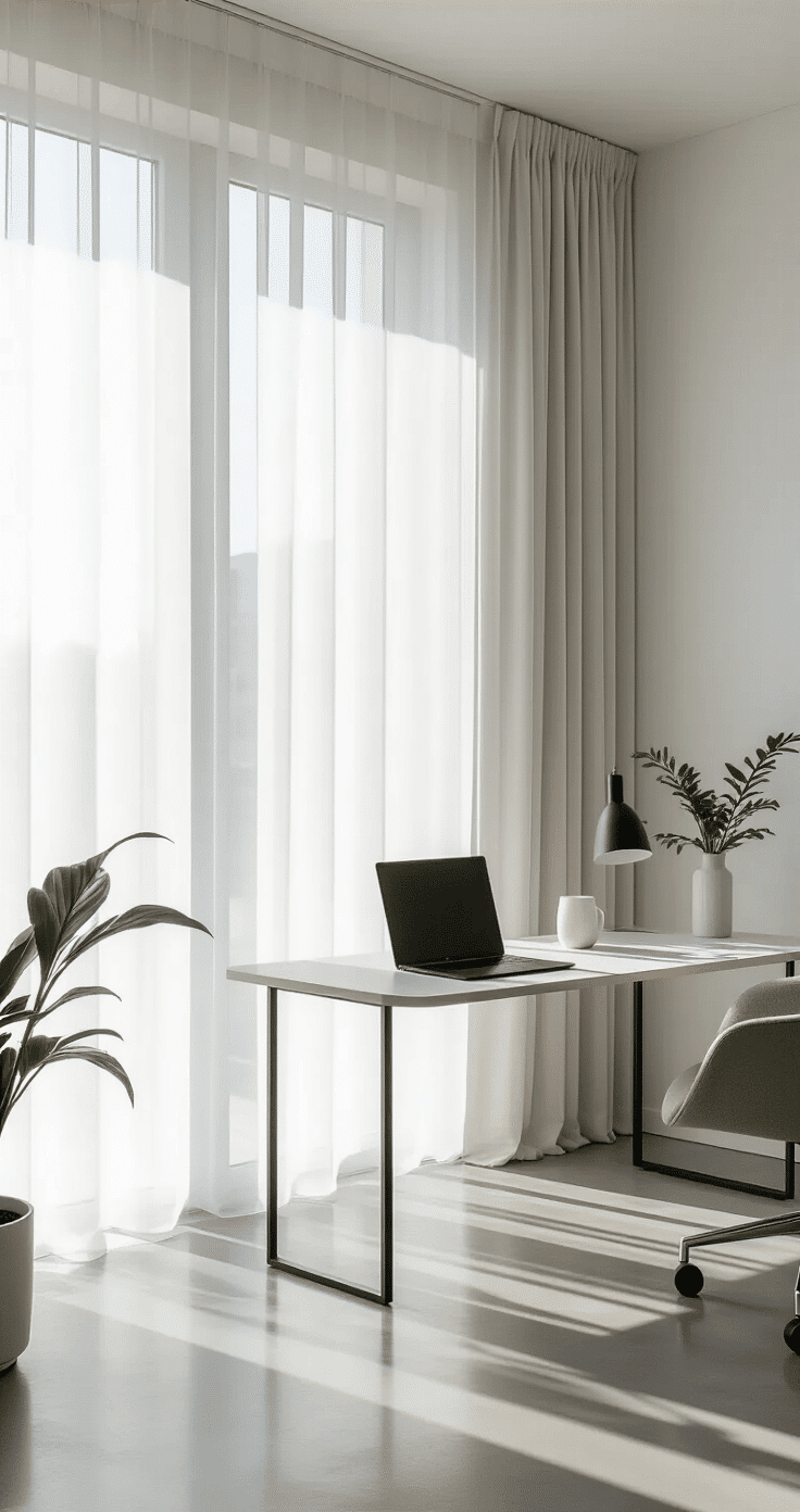 Ultra-wide angle view of a modern home office with a seamless white paper backdrop, large floor-to-ceiling window with sheer curtains, minimalist Scandinavian desk featuring a matte black laptop and white ceramic accessories, polished concrete floor, and clean lines, conveying a professional atmosphere.