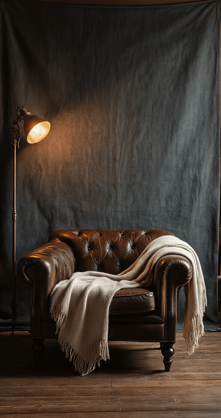 A dramatic low-key portrait setup in a cozy bedroom corner, featuring a deep charcoal muslin backdrop, warm side lighting, and a vintage leather armchair with a soft wool throw, set against aged hardwood floors.