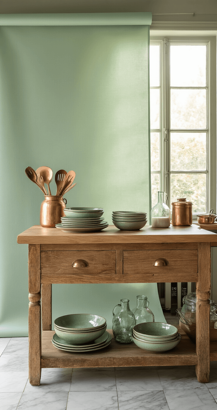 A rustic kitchen scene featuring a sage green vinyl backdrop, a wooden kitchen island with artisan ceramic plates and hand-blown glass vessels, softly illuminated by late morning window light from the left, with copper cooking utensils and a marble tile floor partially visible, captured in sharp detail with a Nikon Z7 macro lens.