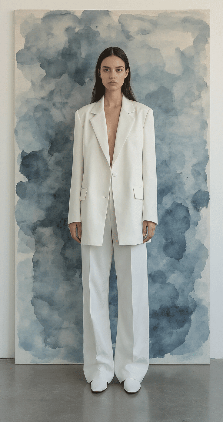 Full-body fashion portrait of a model in an avant-garde structured white blazer, set against a hand-painted gray and blue abstract watercolor backdrop in a modern minimalist studio with polished concrete floors; dramatic shadows cast by soft overhead lighting, captured with a wide-angle lens and desaturated cool tones.