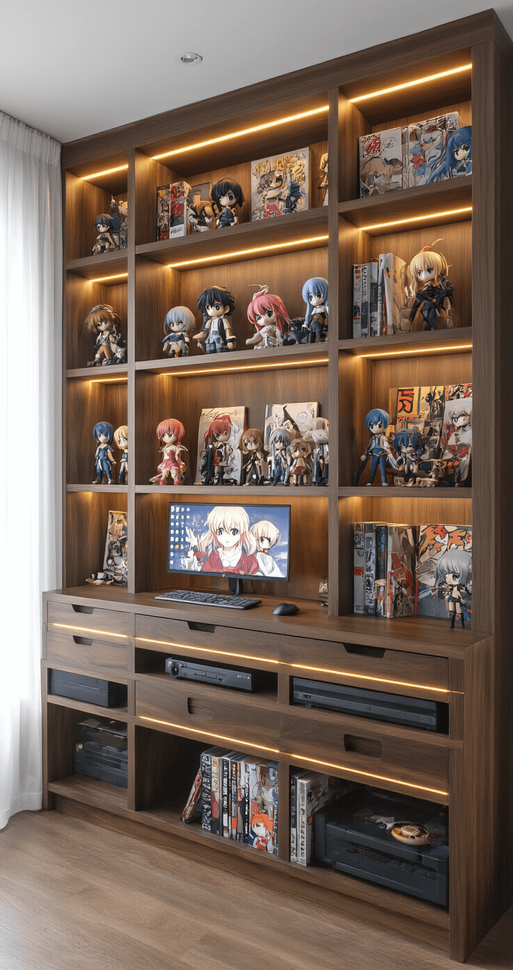 Ultra-realistic home office corner with an IKEA IVAR bookshelf room divider, LED backlighting illuminating shelves filled with anime figures and manga. Soft afternoon sunlight filters through sheer curtains, highlighting rich walnut wood tones and sleek metal risers showcasing collectibles. Camera captures the intricate details from eye level.