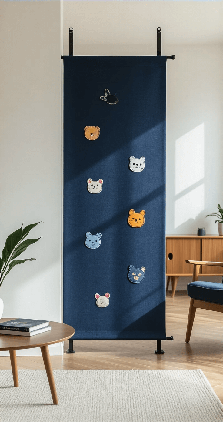 A modern minimalist living room featuring a navy blue fabric tension rod panel with integrated iron-on character patches. The space has soft ambient lighting casting gentle shadows, mid-century modern furniture in the background, and crisp white walls, captured at a diagonal angle to highlight the panel's texture and patch details.