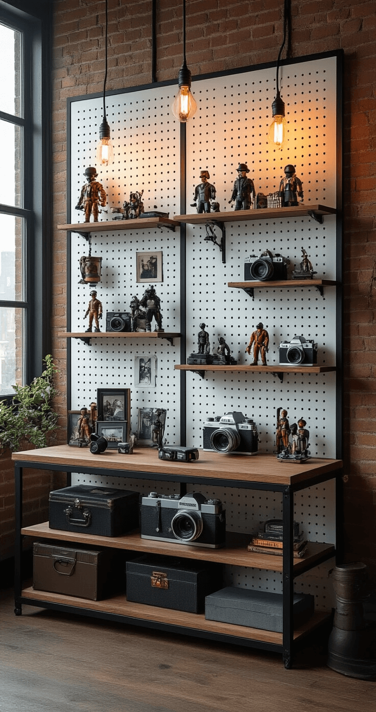Industrial-chic studio apartment corner featuring a large white pegboard room divider with matte black metal framing, showcasing collectible figures on movable hooks and shelves, vintage camera and photography props, bathed in warm tungsten lighting that casts dramatic shadows, emphasizing the multi-level display and spatial depth.