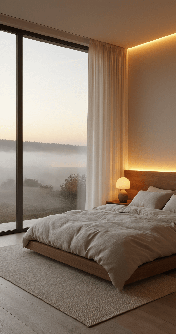 A minimalist bedroom at golden hour features warm LED strip lighting behind a floating wooden headboard, illuminating textured linen bedding. Panoramic windows reveal a misty landscape with sheer ivory curtains. A low-profile walnut side table holds a ceramic lamp with an amber bulb, capturing intimate depth and soft shadows.