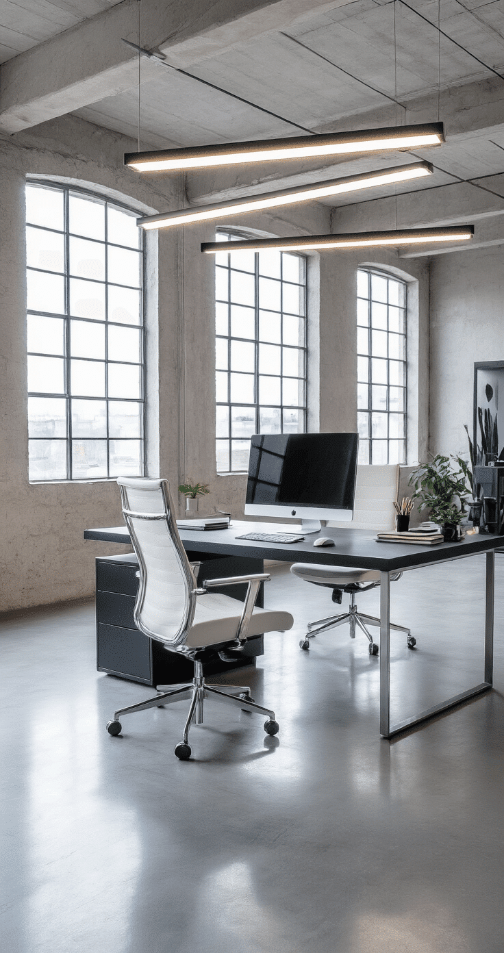 Modern home office with overhead LED panels, sleek matte black desk, ergonomic white chair, large monitor, and industrial-style windows, featuring a concrete floor that reflects light.