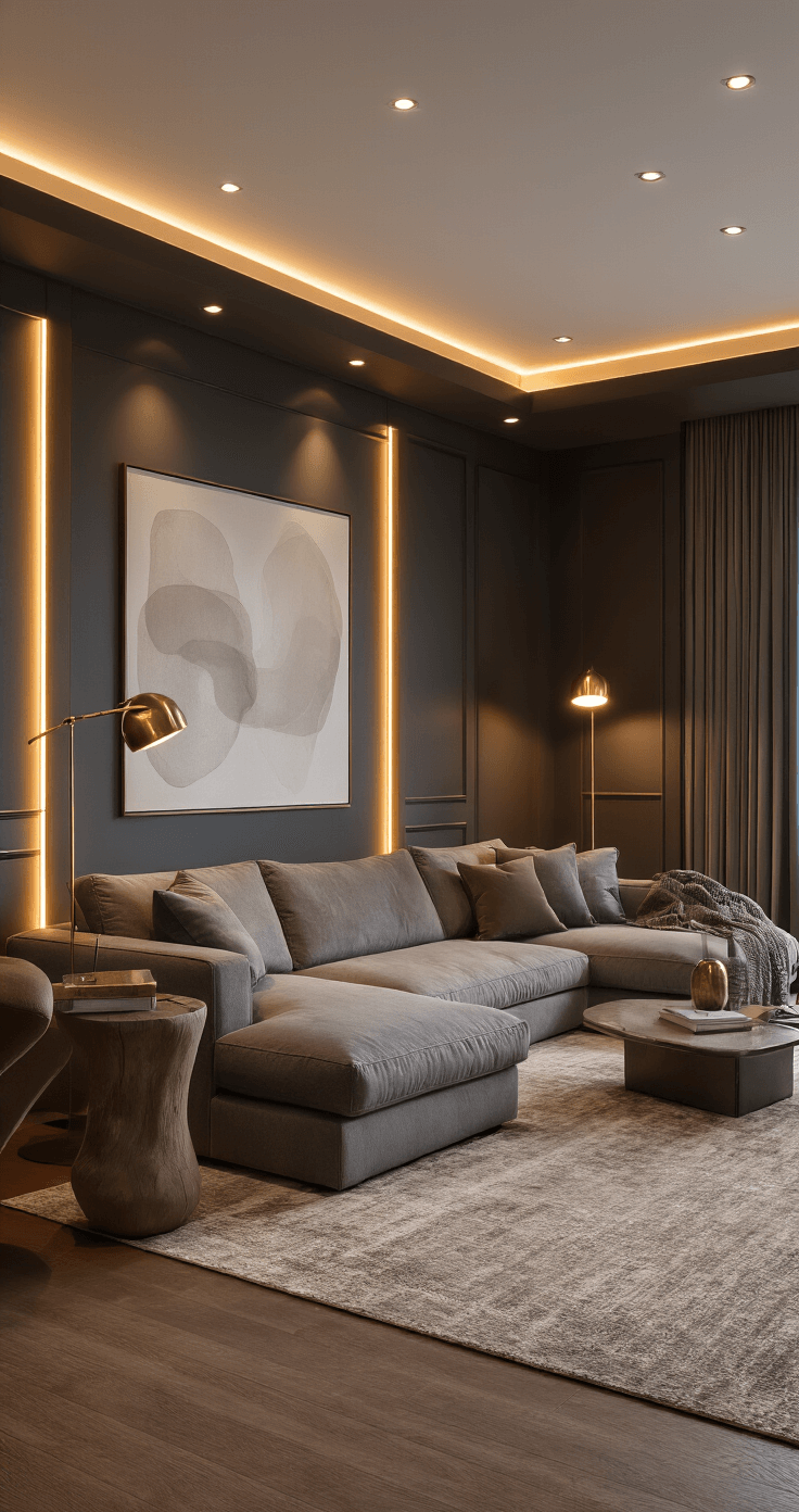 Elegant living room featuring layered LED lighting with warm white recessed fixtures, accent strip lighting, brass floor lamps, rich charcoal walls, muted taupe area rug, mid-century modern furniture, and a subtly illuminated abstract art piece.