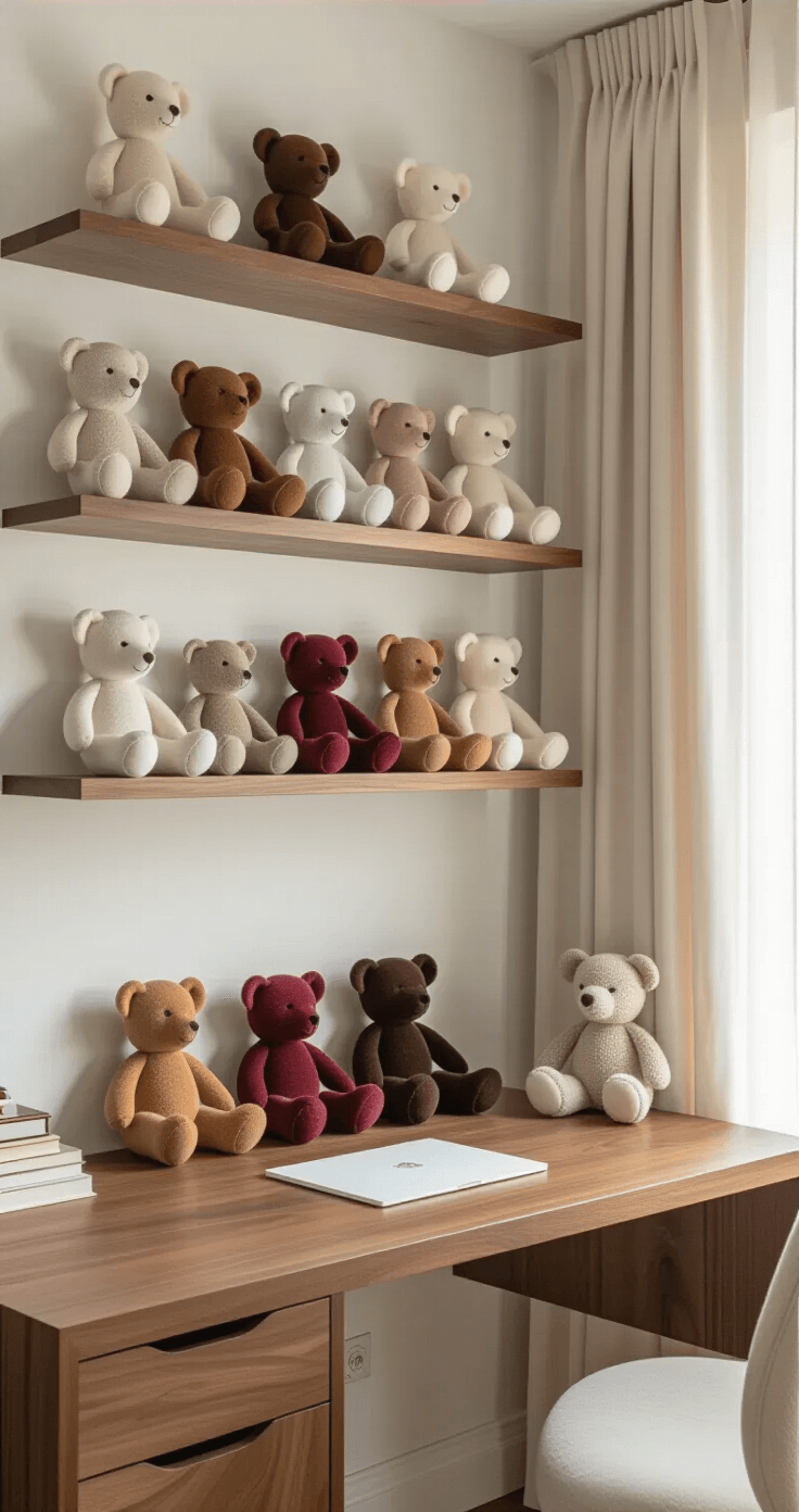 A meticulously organized home office featuring wooden floating shelves in warm walnut tone, displaying a gradient arrangement of vintage plush toys from cream to deep burgundy, with soft morning light filtering through sheer curtains, all set against crisp white walls for a minimalist, museum-like aesthetic.