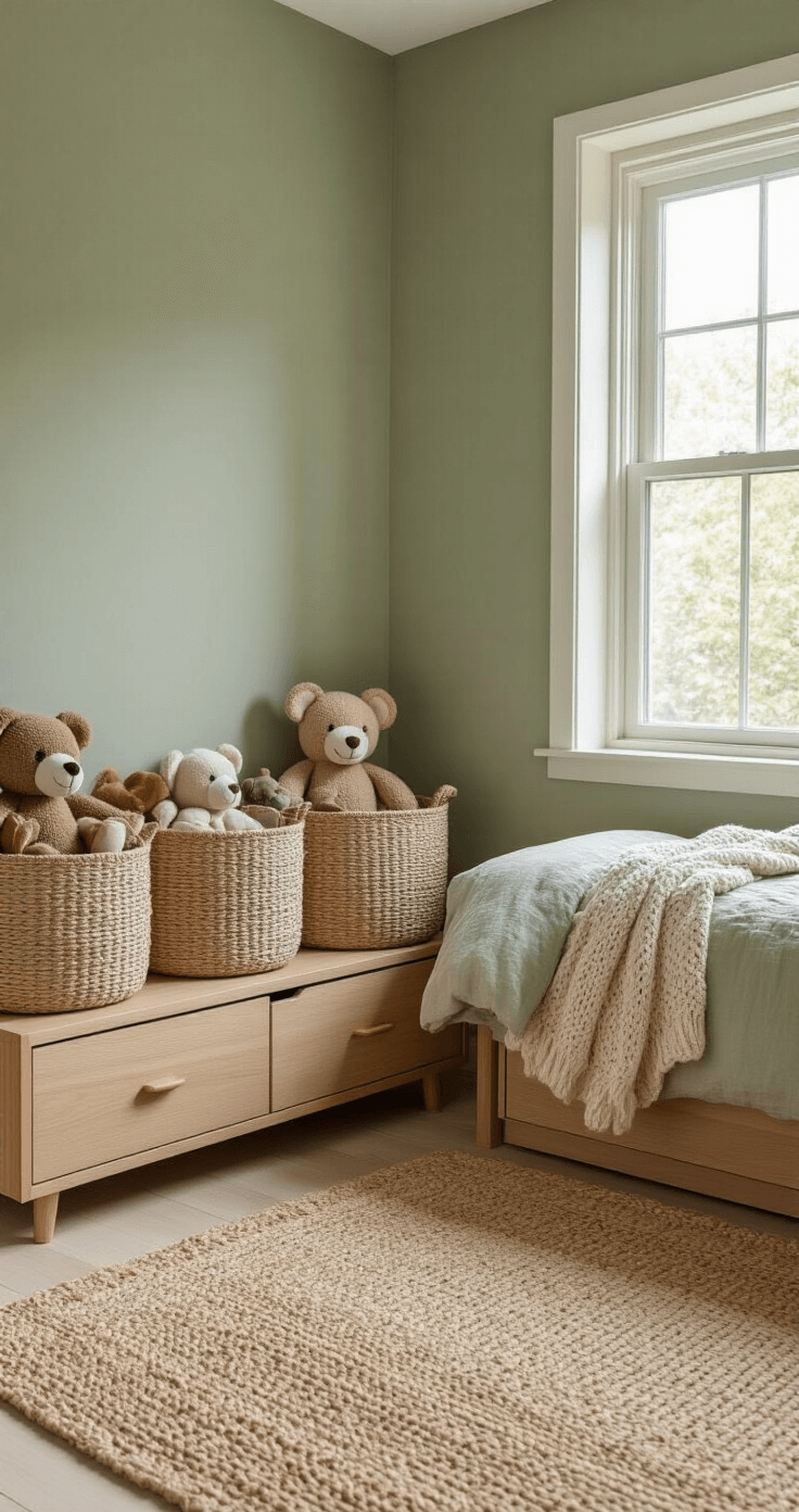 Cozy child's bedroom corner featuring neutral woven storage baskets filled with stuffed animals, soft sage green walls, natural light from an east-facing window, a handwoven jute rug, a mid-century modern wooden bed frame with open storage drawers revealing plush toys, and layered linen bedding with a knitted throw, all in a warm neutral color palette.