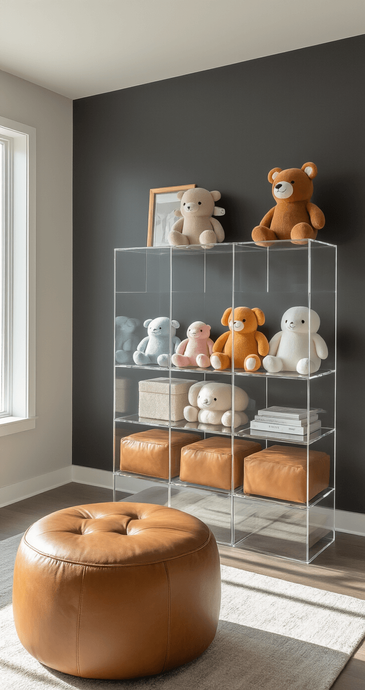 A modern living room featuring plush furnishings, clear acrylic cube shelving against a charcoal gray accent wall, stylish camel leather storage ottomans, an organized collection of Squishmallows by size and color, and sunlight casting shadows, all in a minimal Scandinavian design aesthetic.