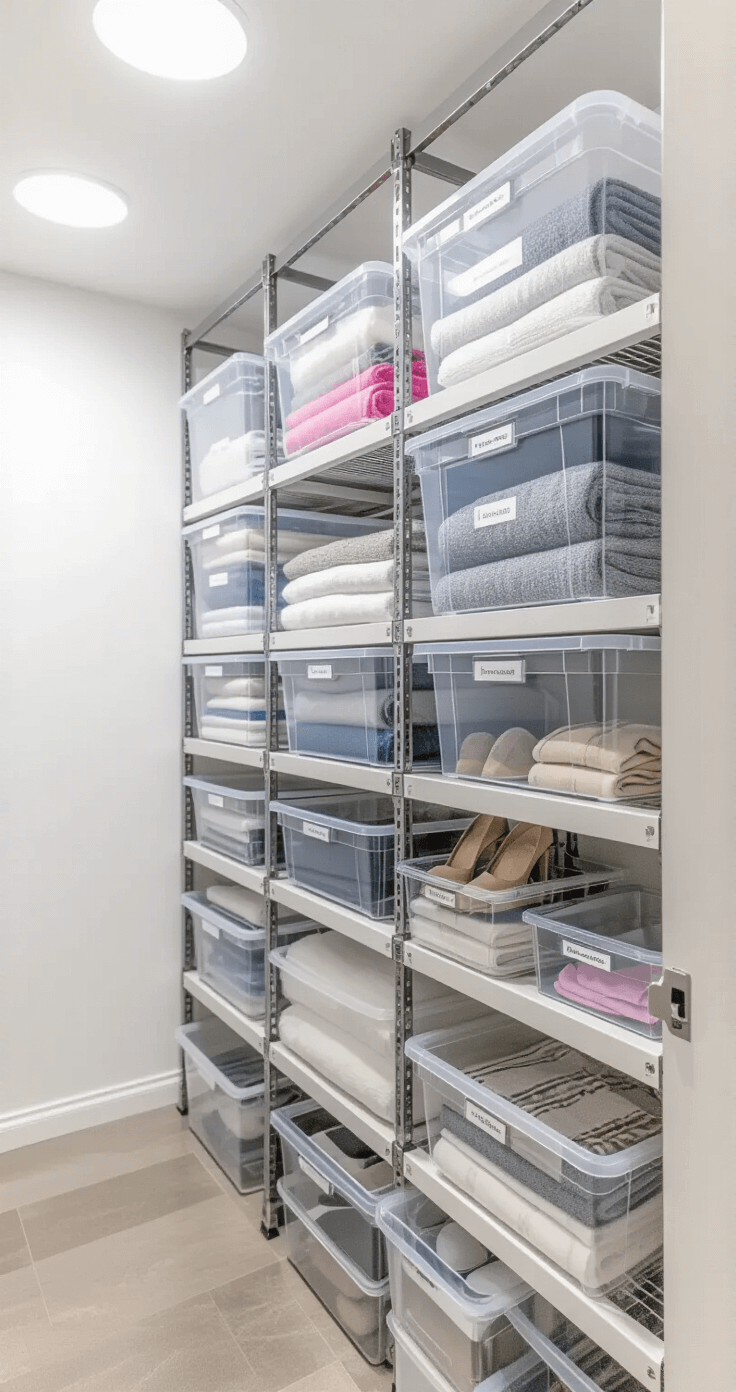 A meticulously organized closet with labeled clear plastic storage bins stacked on industrial metal shelving, featuring a grid-like arrangement. Soft overhead lighting casts clean shadows on the pristine white walls, showcasing plush collections categorized by size, theme, and frequency of use, all captured in macro photography to emphasize the details and labeling system.