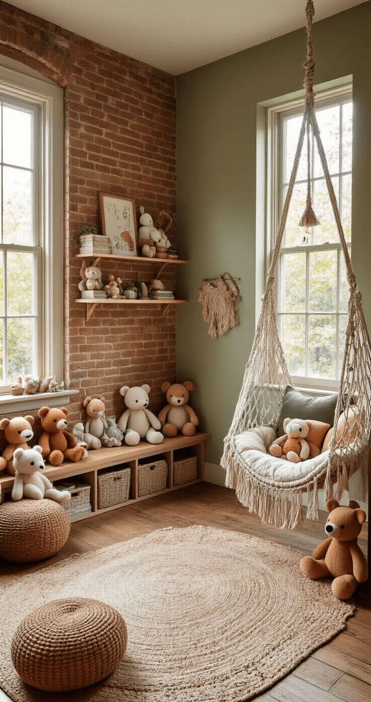 A Bohemian-inspired children's playroom featuring a plush macramé hammock in the corner, an exposed brick wall, and vintage wooden flooring. The space is filled with an eclectic mix of plush toys displayed on multiple levels of picture ledges and floating shelves. Natural light floods in through large windows, illuminating the warm earthy color palette of terracotta, sage, and cream, styled like a professional interior design photoshoot.