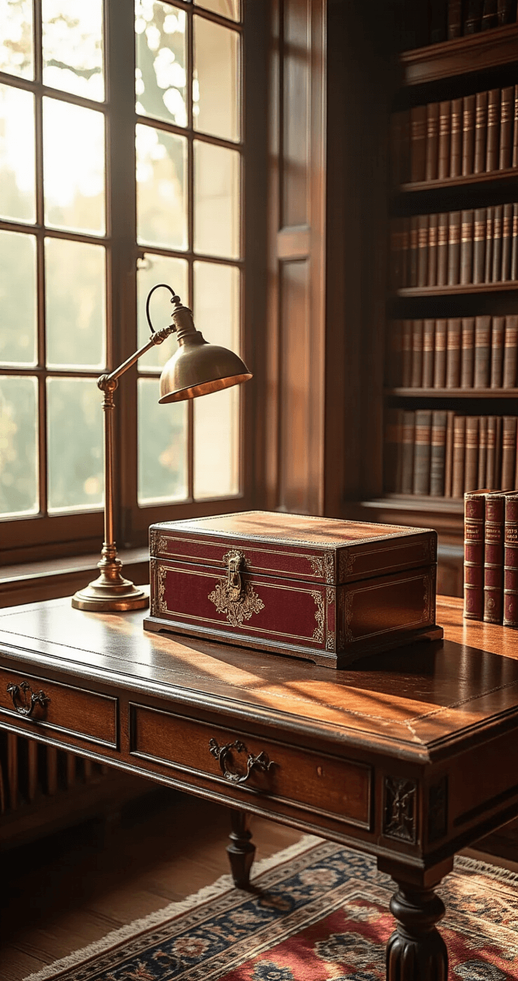 A vintage study bathed in warm afternoon light features an antique book box on a weathered mahogany desk, surrounded by burgundy leather-bound books. A brass desk lamp casts dramatic side lighting, while a worn Persian rug anchors the scene. The close-up perspective highlights intricate book spine details against a softly blurred background of wooden paneled walls and leather-bound book collection.