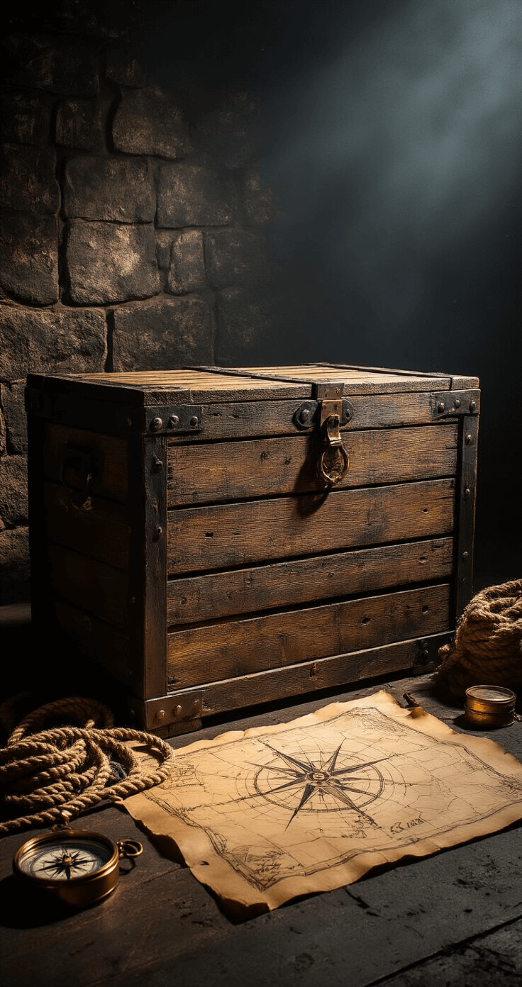 Dramatic scene featuring a weathered wooden treasure crate against a dark stone wall, illuminated by side-lighting that highlights intricate textures. Surrounding maritime props include frayed rope, a tarnished brass compass, and an aged map. The rich brown and deep navy color palette is accented with gold highlights, captured from a low angle to emphasize the crate's heroism, with atmospheric dust particles visible in the light.