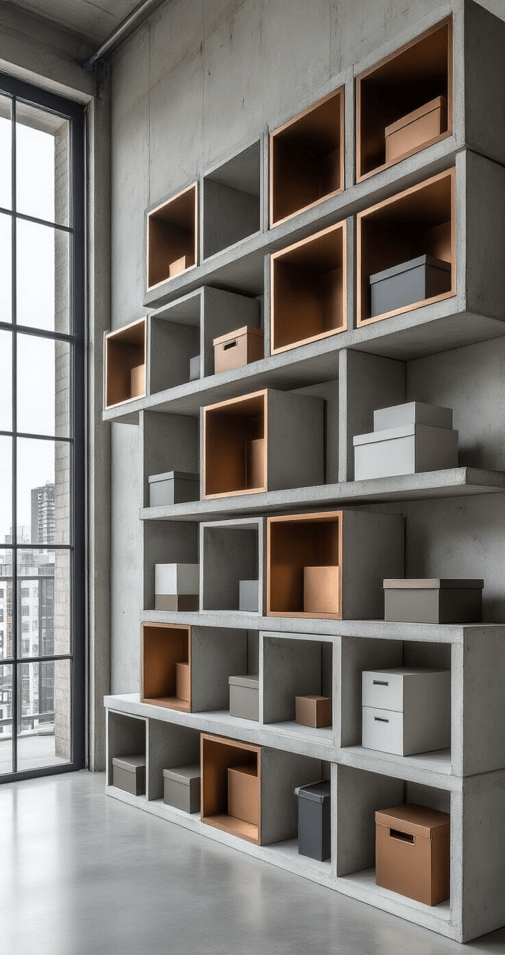 Minimalist industrial loft interior with geometric display boxes on concrete shelving, cool gray and white color palette accented with metallic bronze, large floor-to-ceiling windows, modern sparse furniture with mid-century design elements, emphasizing architectural symmetry.