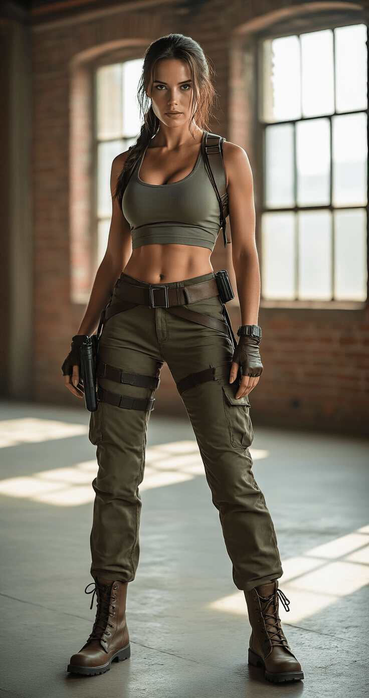 Athletic woman in an adventure-ready Lara Croft costume poses confidently in a modern urban loft with exposed brick walls, illuminated by bright midday light. She wears fitted olive cargo pants, a form-fitting tank top, leather holsters, and sturdy combat boots, showcasing rich textures and an authentic adventurer aesthetic.