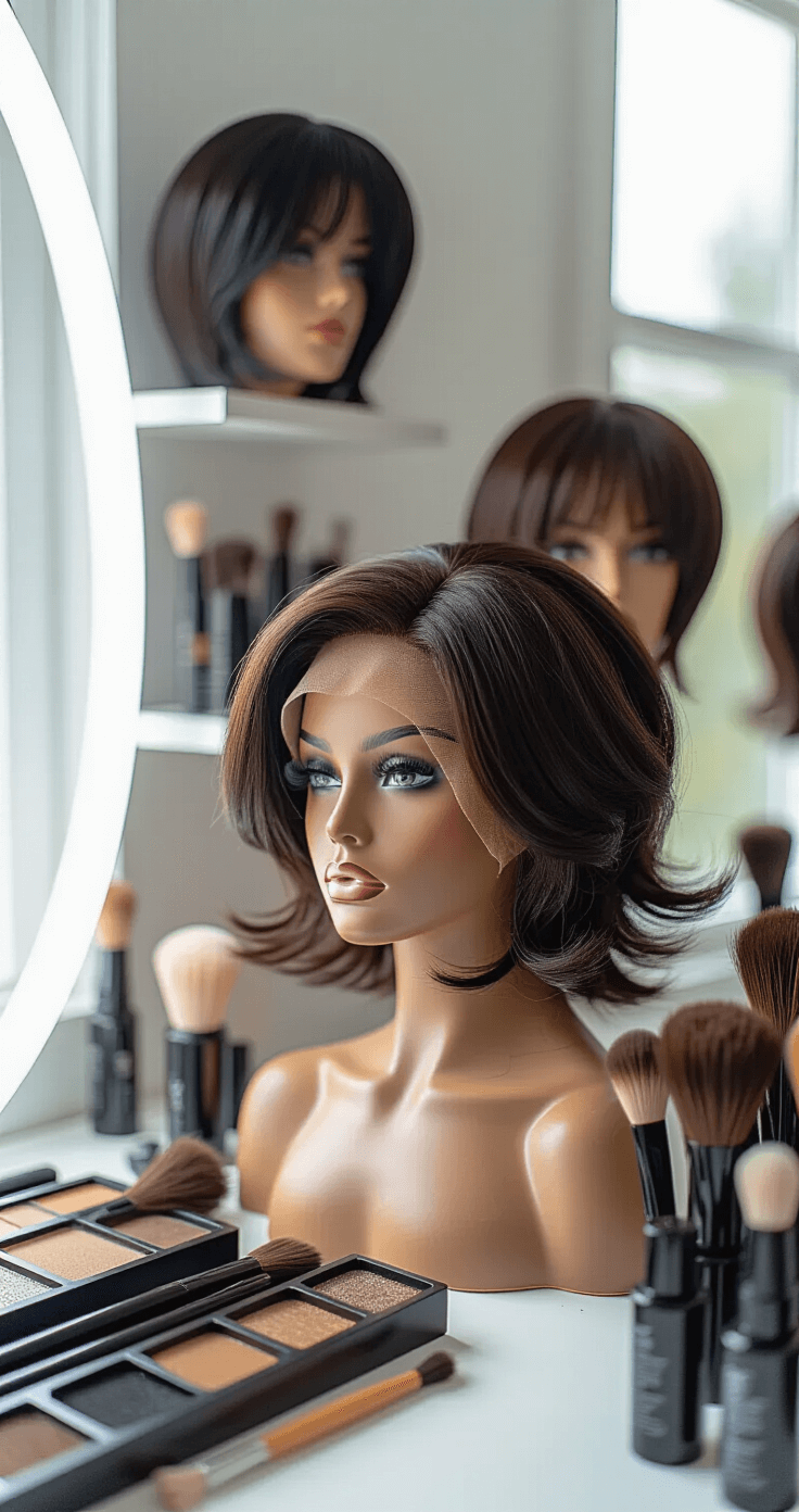 Close-up of a vanity setup showcasing intricate wig styling and makeup application. Various dark wigs are displayed on stands, with natural window light illuminating the scene. Heat-styling tools and professional brushes add texture, while an overhead angle captures the meticulous details and comparisons of the wigs.