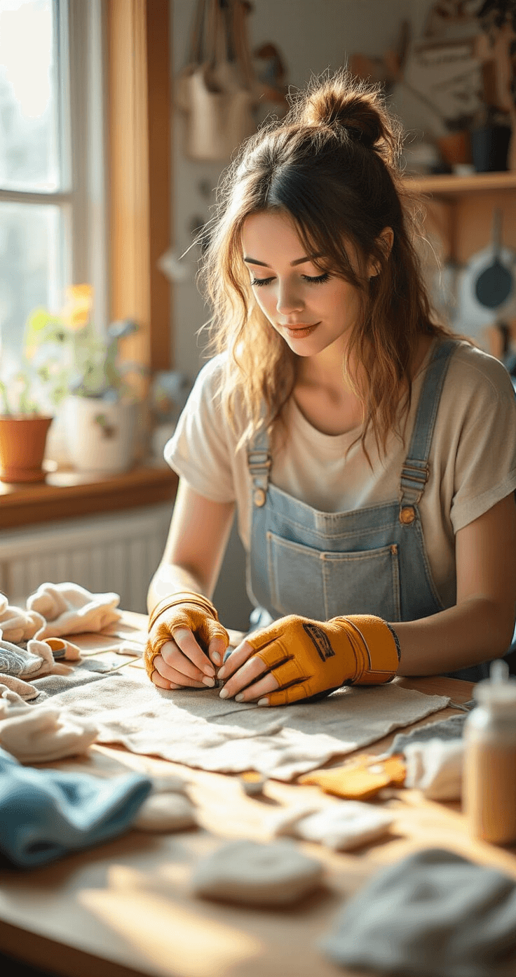 A creative woman designs DIY cosplay accessories at a sunlit craft table, surrounded by fabric scraps and supplies, wearing casual clothes and focused on making energy blast gloves amidst a cozy living space.