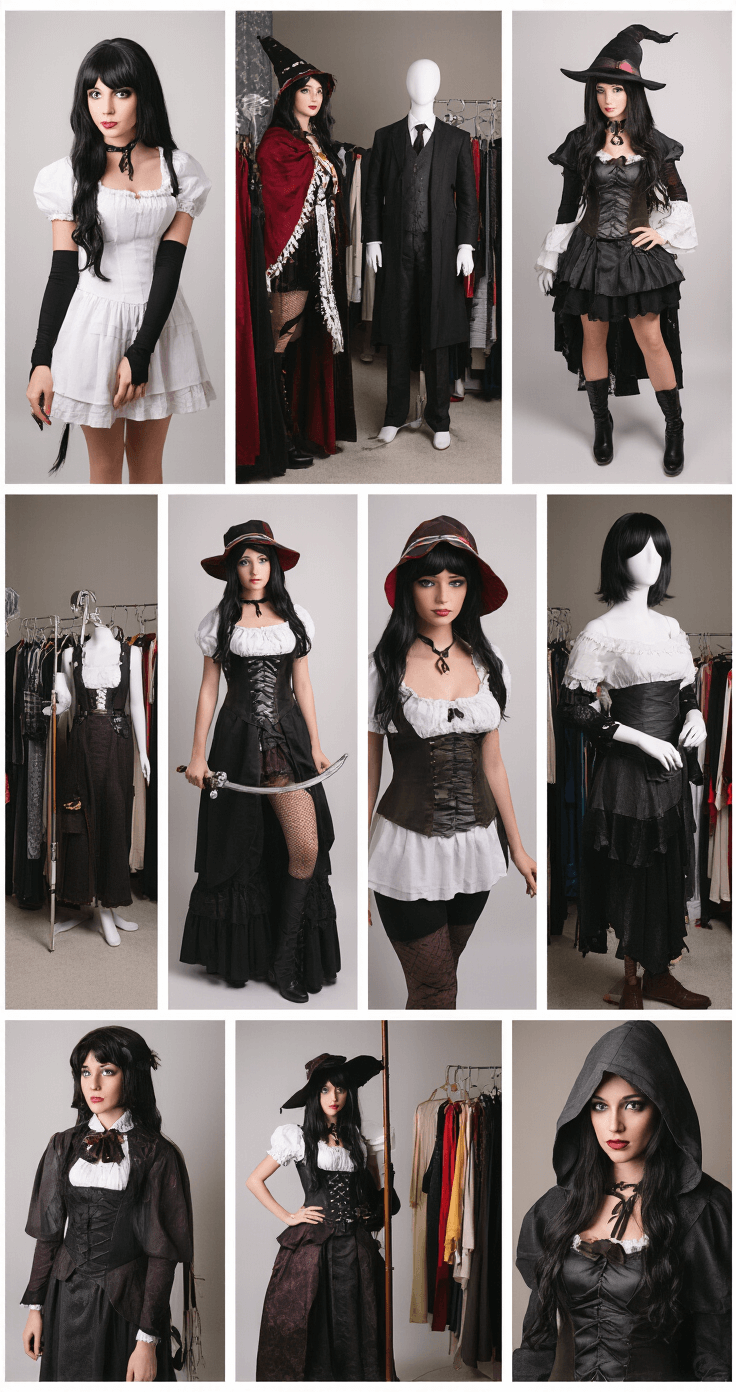 A model poses in a professional photography studio, showcasing various dark hair cosplay characters with soft, even lighting. Mannequins and clothing racks display luxurious costume changes, highlighting rich fabric textures and professional makeup. The image captures the complete cosplay transformation process, emphasizing gothic and adventurous styles.