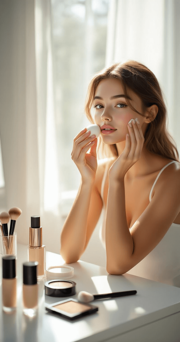 Lumine Cosplay Makeup: Unlock Your Celestial Transformation Close-up of a young woman applying foundation at a modern white vanity table, bathed in soft morning sunlight, surrounded by high-end cosmetics; focus on her serene expression and precise application technique.