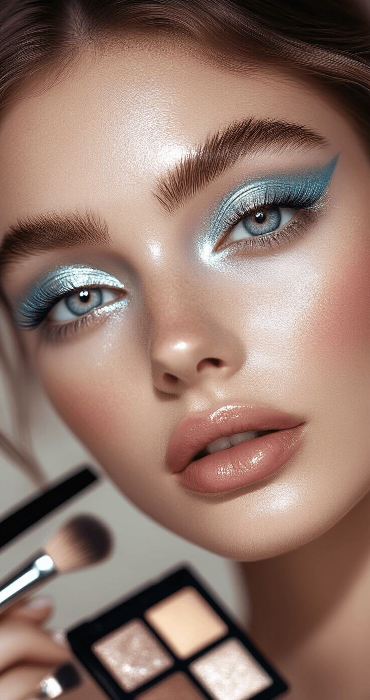 Lumine Cosplay Makeup: Unlock Your Celestial Transformation Stunning macro shot of ethereal eye makeup featuring iridescent silver and champagne shades on a model, surrounded by makeup palettes and brushes in a well-lit beauty studio.