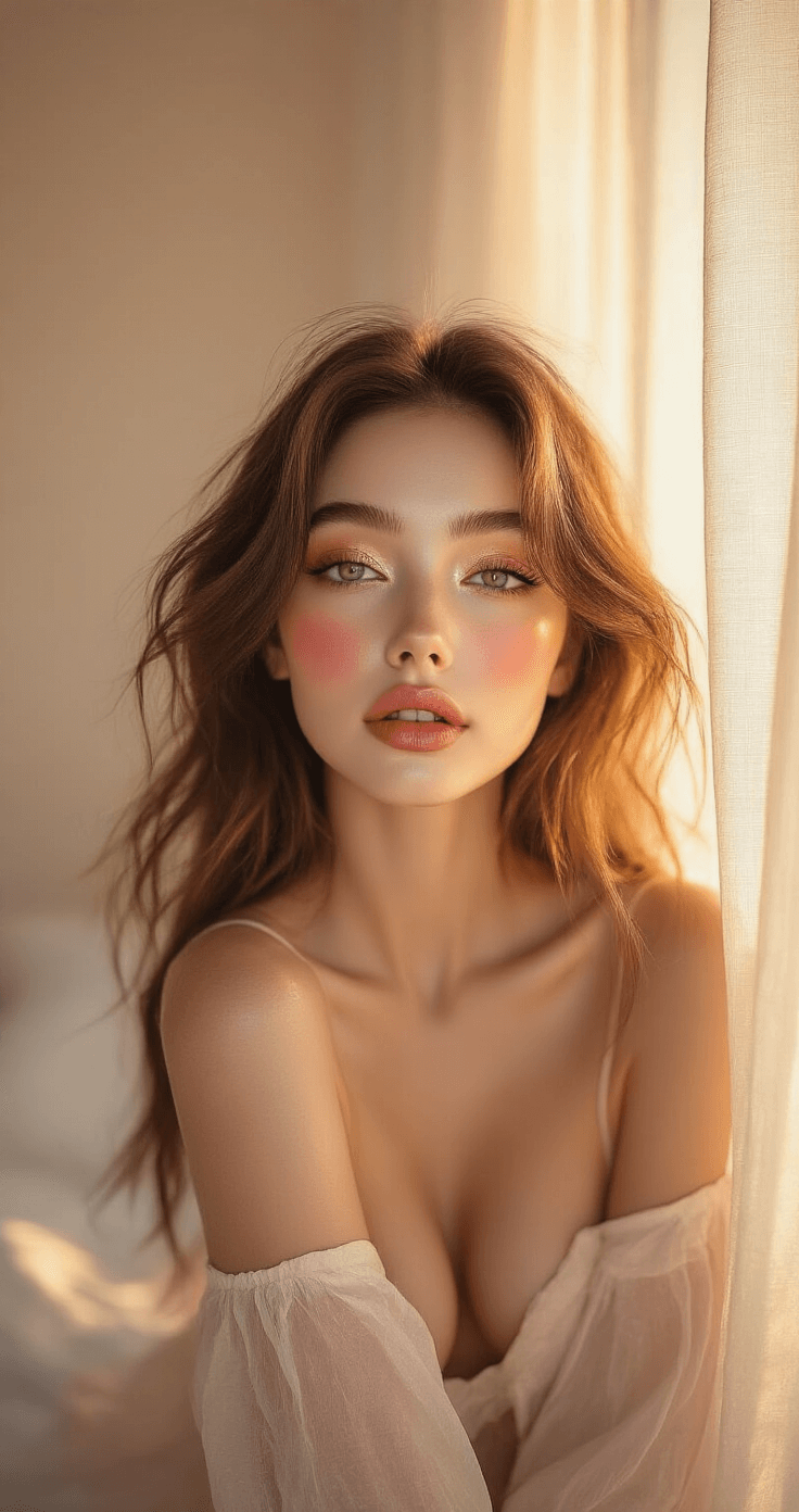Lumine Cosplay Makeup: Unlock Your Celestial Transformation A dreamy golden hour portrait of a woman in a minimalist bedroom, featuring luminous highlighted features with soft peachy-pink blush and nude lips, enhanced by warm sunset light streaming through sheer curtains, creating an ethereal, goddess-like glow.