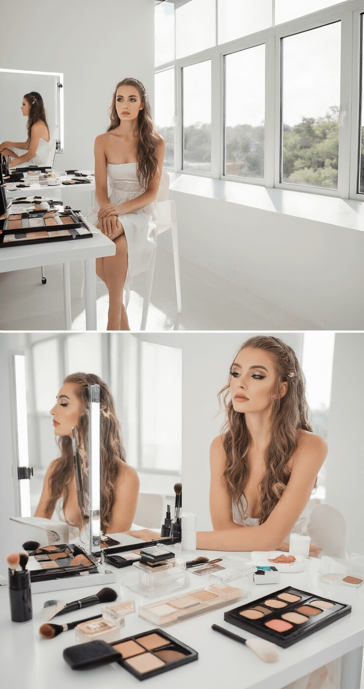 Lumine Cosplay Makeup: Unlock Your Celestial Transformation A model in a bright studio undergoes a celestial transformation, with reflections showing multiple makeup application stages. Clean white surfaces are adorned with organized cosmetic tools and palettes, highlighting the artistic journey from natural beauty to an ethereal goddess-like look.