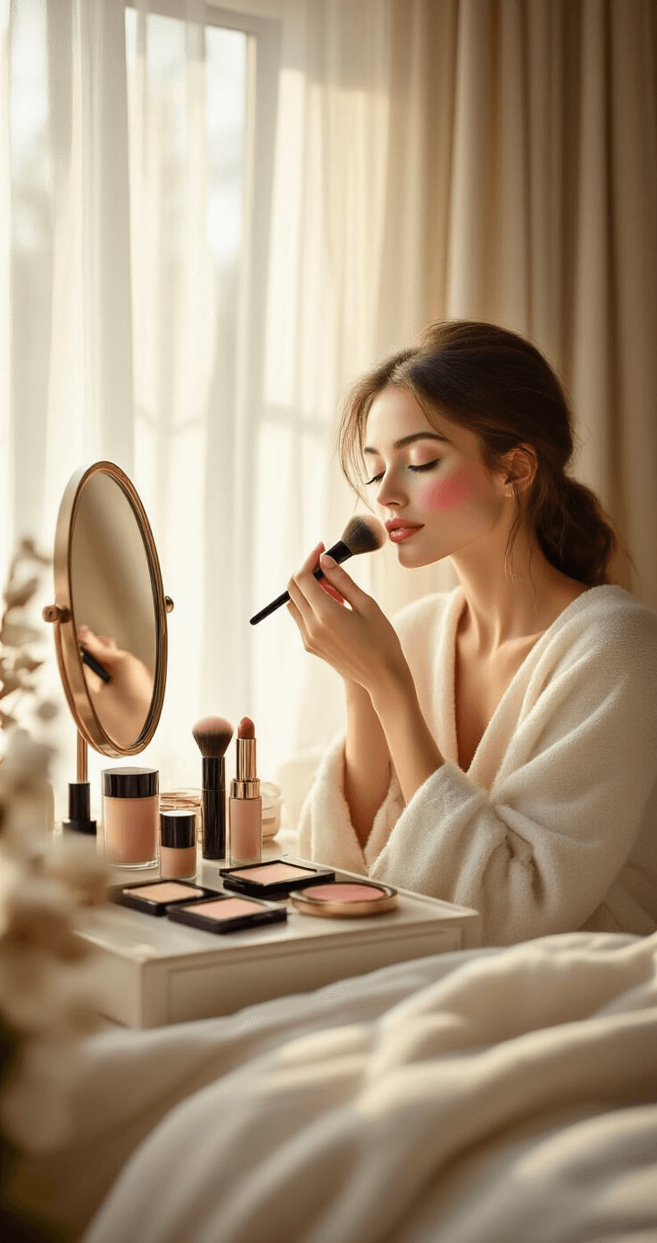 Lumine Cosplay Makeup: Unlock Your Celestial Transformation A serene bedroom scene featuring a model applying blush at a neatly organized vanity, illuminated by soft morning light filtering through sheer curtains. High-end cosmetics and natural elements enhance the cozy atmosphere.