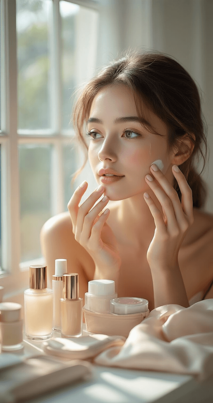 Close-up portrait of a young woman applying primer on her bare face in a minimalist vanity setup, bathed in soft morning light, with a neatly organized collection of neutral-toned makeup items.
