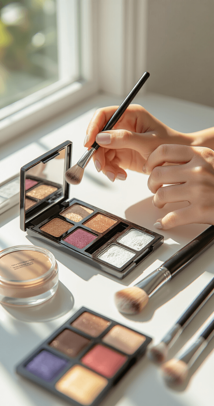 Close-up of hands applying a white eyeshadow base on a clean white vanity, surrounded by colorful eyeshadow palettes and metallic compacts, illuminated by bright natural light.