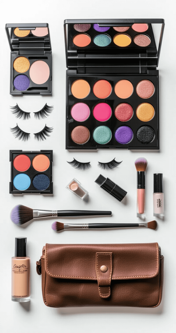 Flat lay of an organized cosplay makeup collection on a clean white surface, featuring colored contacts in cases, various makeup palettes, false lashes, brushes in leather rolls, and primer bottles, all showcased under bright studio lighting to emphasize textures and packaging details.
