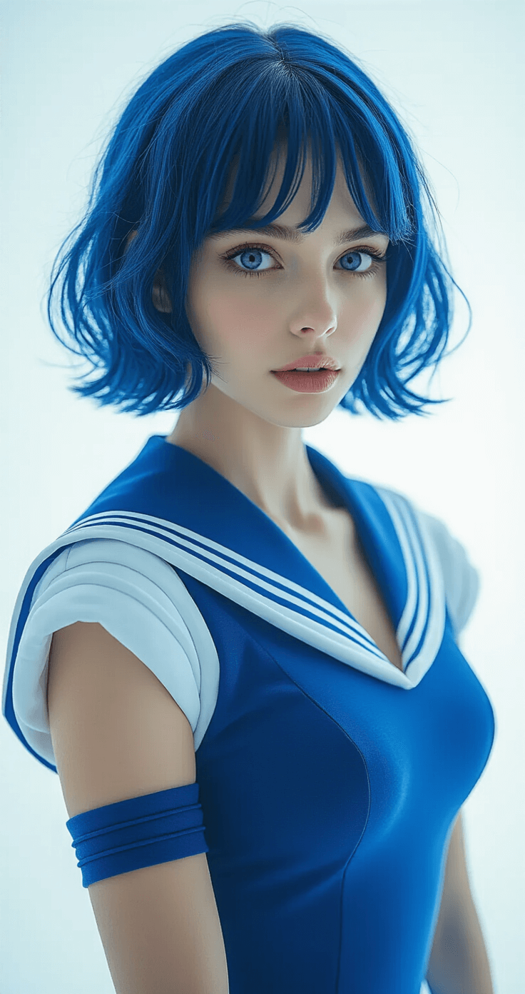 A model with short blue-tinted hair dressed as Sailor Mercury poses in a minimalist studio, showcasing the classic Sailor Scout uniform against a clean white background, enhanced by blue accent lighting that highlights the character's elegant aesthetic in a high-fashion style.