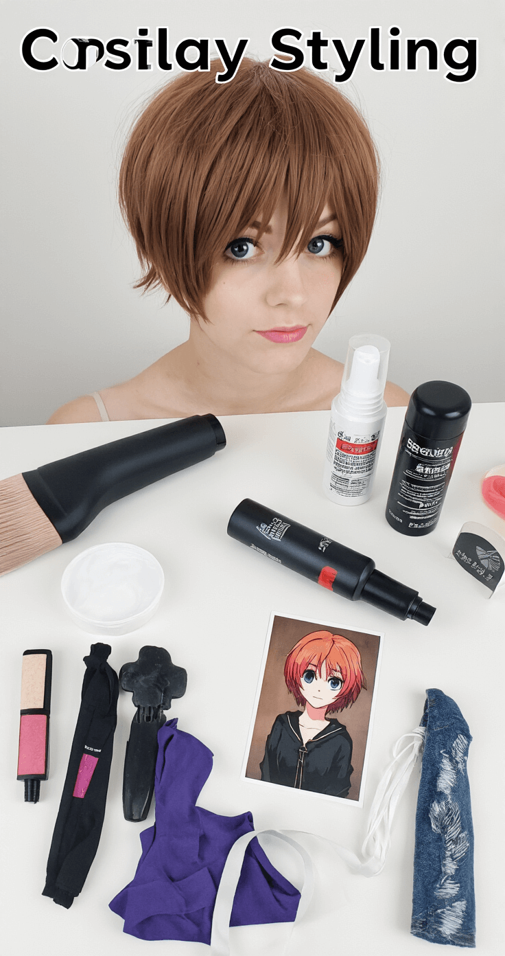 A short-haired cosplayer's styling setup featuring an array of hair products, reference images, and costume pieces on a minimalist white surface, capturing the artistic and personal journey of transforming hair into an anime character look.