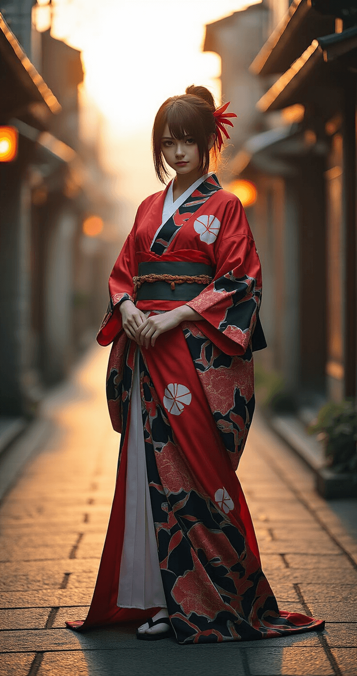 A young cosplayer in a vibrant red and black Nezuko Kamado-inspired kimono stands confidently in a dramatic urban alleyway during golden hour, illuminated by soft diffused lighting that highlights the intricate details of the costume, captured in high-resolution with cinematic depth of field.