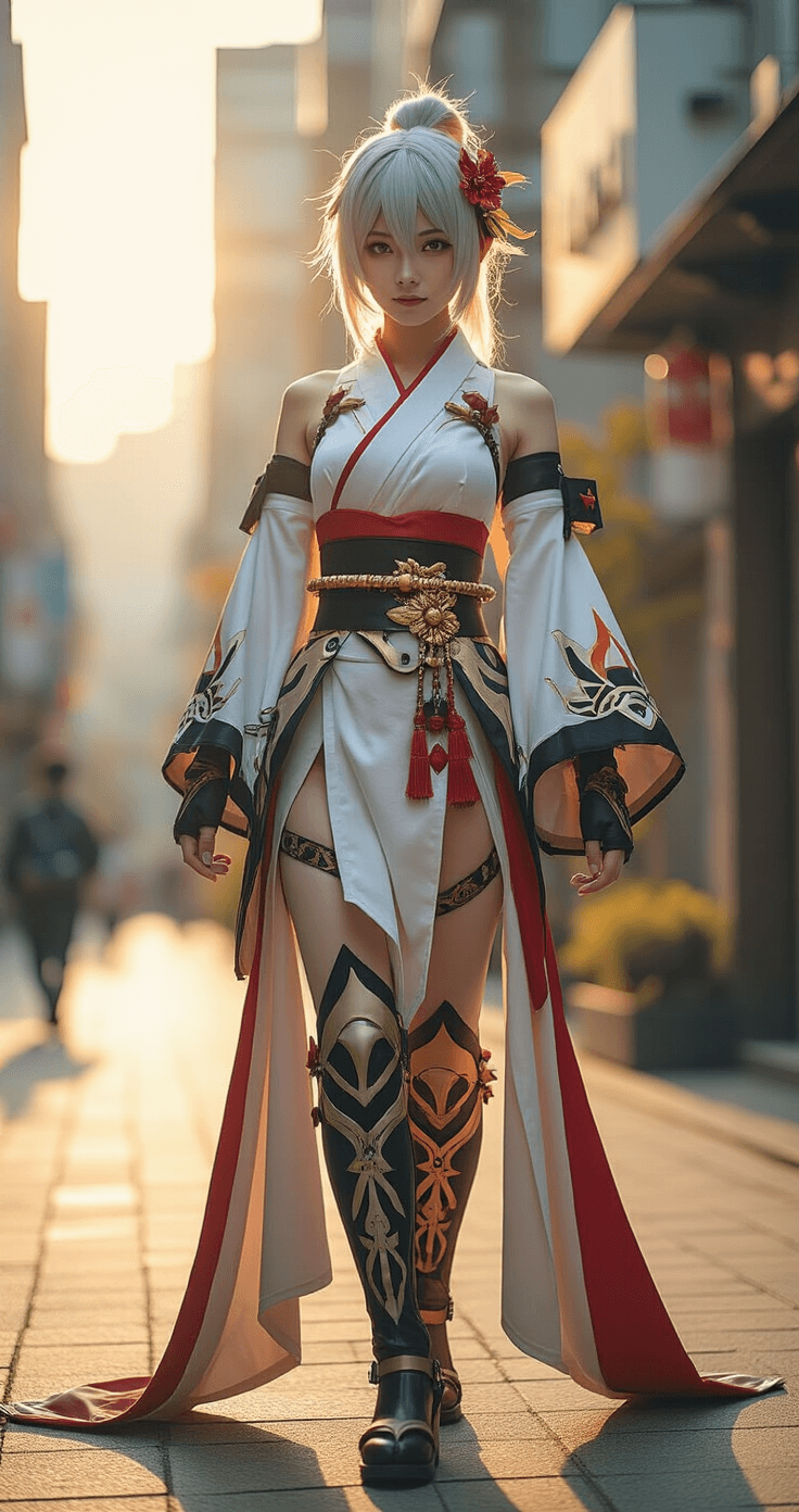 A cosplayer dressed as Raiden Shogun from Genshin Impact stands at a contemporary urban street corner, showcasing an intricately detailed costume with complex layering and textured fabrics. The late afternoon golden light casts dramatic shadows, enhancing the hyper-realistic quality of the scene.