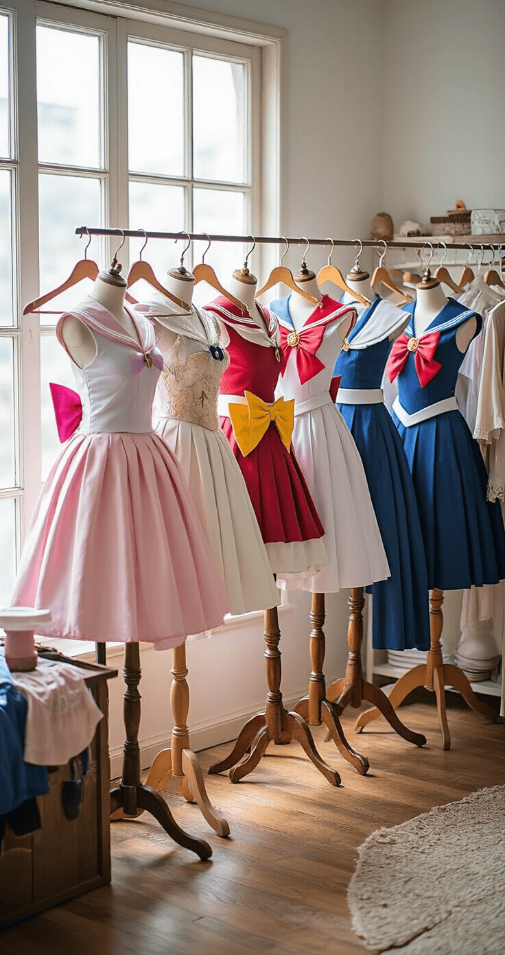 An elegant arrangement of anime cosplay dresses from Demon Slayer, My Hero Academia, and Sailor Moon hanging on vintage clothing hangers, illuminated by soft ambient light from large studio windows, featuring meticulously organized costumes with accessories like wigs and props, showcasing a behind-the-scenes glimpse of cosplay fashion preparation.