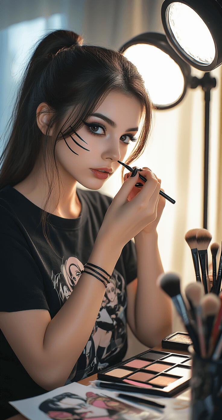 How I Figured Out JoJo Cosplay Makeup Without Looking Like a Hot Mess A close-up of a female cosplayer applying black cell-shading eyeliner to her cheekbone at a illuminated vanity, surrounded by makeup tools and manga references, with soft natural light highlighting her detailed skin texture in a golden hour setting.