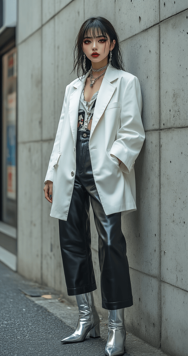 How I Figured Out JoJo Cosplay Makeup Without Looking Like a Hot Mess A model poses in an edgy anime-inspired outfit with sharp geometric lines against a concrete wall in Tokyo's Harajuku district, wearing high-waisted black leather pants, an oversized white avant-garde blazer, and metallic silver ankle boots, complemented by dramatic cell-shaded makeup in a JoJo's aesthetic. Midday sunlight casts crisp shadows, highlighting the urban background.