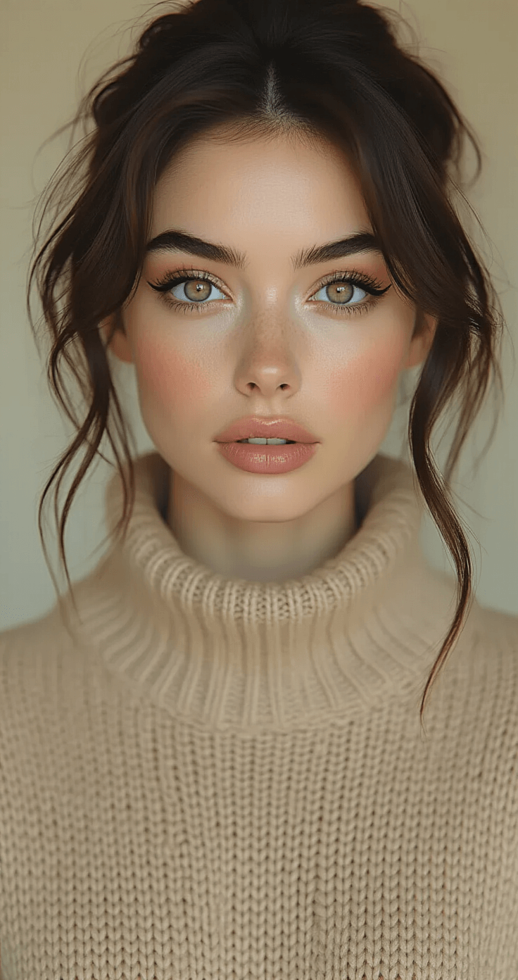 How I Figured Out JoJo Cosplay Makeup Without Looking Like a Hot Mess A close-up of a diverse cosplay model in a beige oversized sweater, showcasing cell-shading makeup techniques with precise black liner defining her facial structure, set against a softly blurred professional makeup tutorial setup with warm taupe and cream tones and soft diffused lighting.