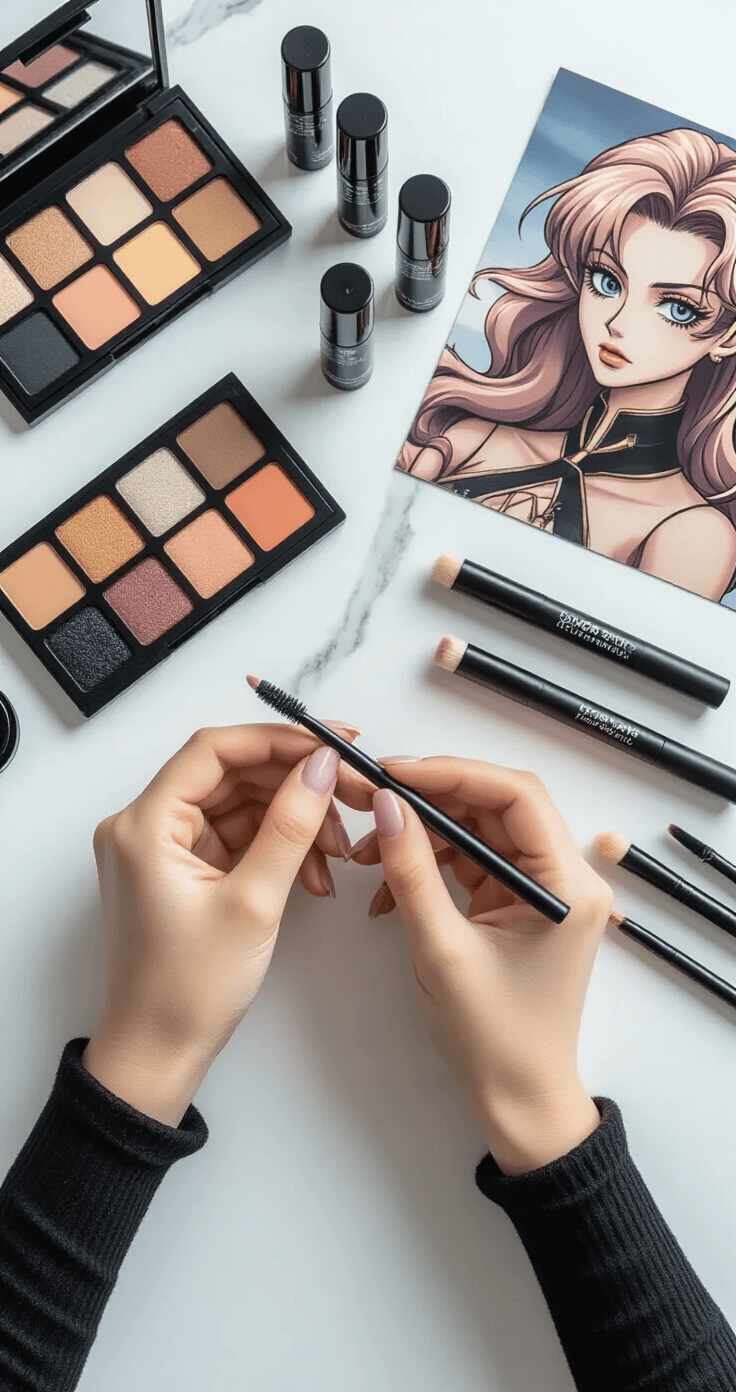 How I Figured Out JoJo Cosplay Makeup Without Looking Like a Hot Mess A flat lay of a model's hands organizing JoJo-inspired makeup products on a crisp white marble surface, featuring matte black liquid eyeliners, a neutral eyeshadow palette, setting sprays, and reference manga character images, illuminated by soft ambient natural light from a nearby window.