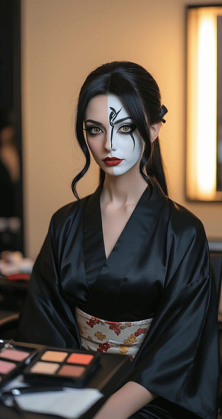 How I Figured Out JoJo Cosplay Makeup Without Looking Like a Hot Mess A model at a makeup station transitions into a JoJo character, half of her face in natural makeup and half showcasing intricate cell-shading. She's in a black silk kimono-style robe, with warm backstage lighting reflecting the artistic blend of reality and anime-inspired styling in the mirror.