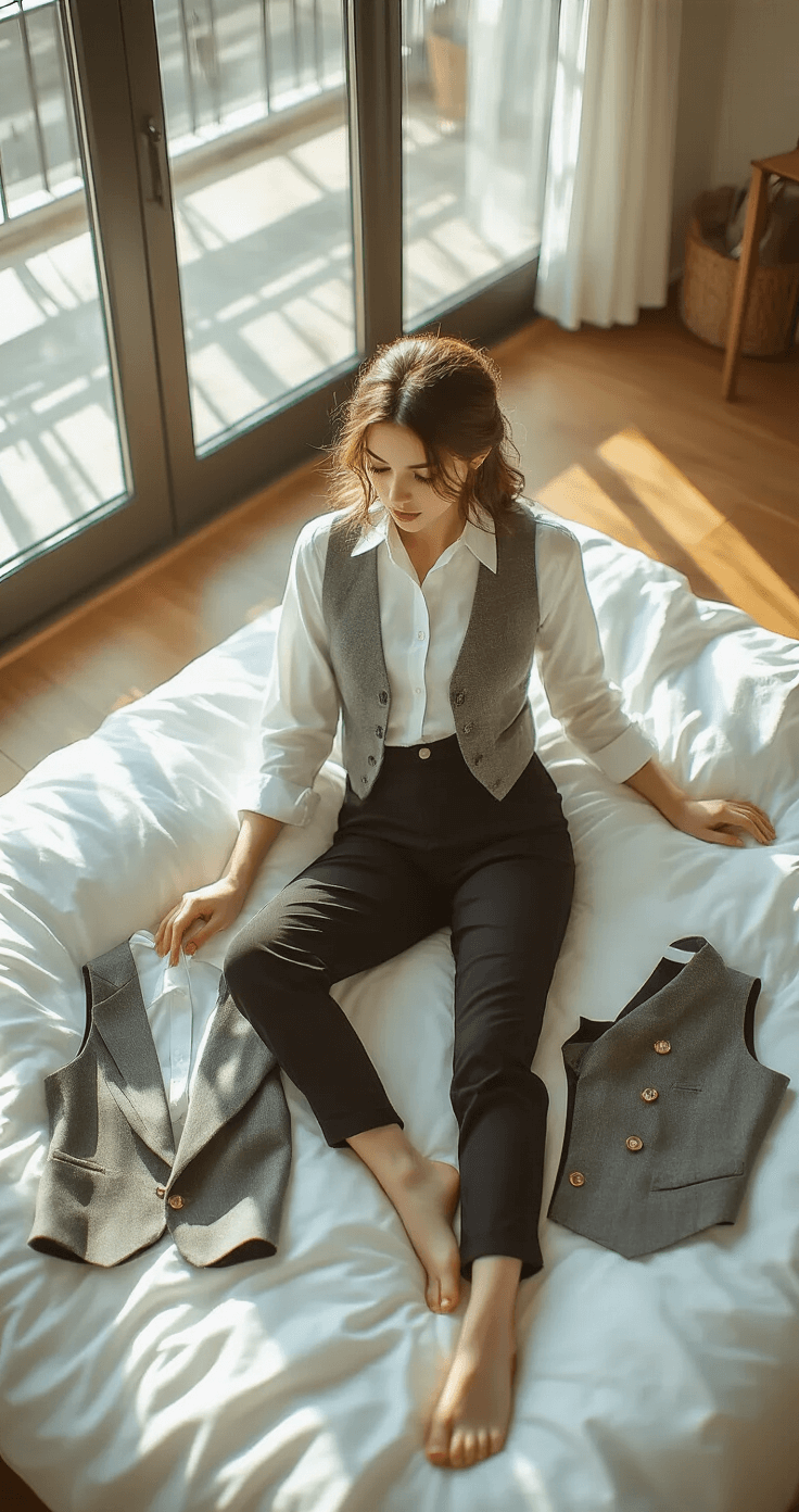 Ultimate Chuuya Nakahara Cosplay A stylish woman lays out cosplay pieces in a modern bedroom, with golden hour light illuminating black slim-fit pants, a white button-up shirt, and a grey wool vest on white bedding. The minimalist decor and warm wood floors create a cozy atmosphere, captured from above at a 45-degree angle with a shallow depth of field.