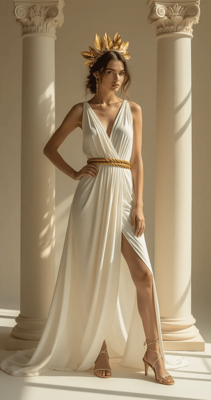 Women's Costumes: A Comprehensive Guide to Unleashing Your Inner Character A confident woman in a flowing white toga-style dress and gold rope belt poses in a minimalist studio with Grecian column props. Dramatic side lighting accentuates sculptural shadows on the fabric, while she wears a golden leaf crown and strappy metallic sandals. The cream, ivory, and antique gold palette highlights the classical elegance of the goddess-inspired look.