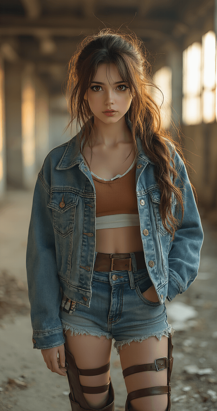How to Style Eren Cosplay Long Hair Like a Pro A young woman with medium-brown long hair in a messy low bun poses in an urban industrial setting during golden hour, wearing Attack on Titan themed clothing, including a distressed denim jacket and leather boots, embodying the rebellious Eren character aesthetic.